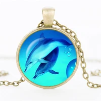 new dolphin art photo cabochon glass pendant necklace dolphin jewelry accessories for womens mens fashion friendship gifts