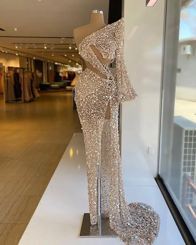 

2021 Arabic Sexy Side Split Prom Dresses Luxury Beading Sequined One Shoulder Long Sleeve Women Plus Size Formal Evening Gowns