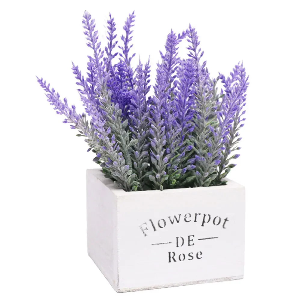 

Artificial Lavender Flower Pot Ornaments Wooden Box Potted Home Decoration Office Desk Indoor Simulation Green Plant Decoration