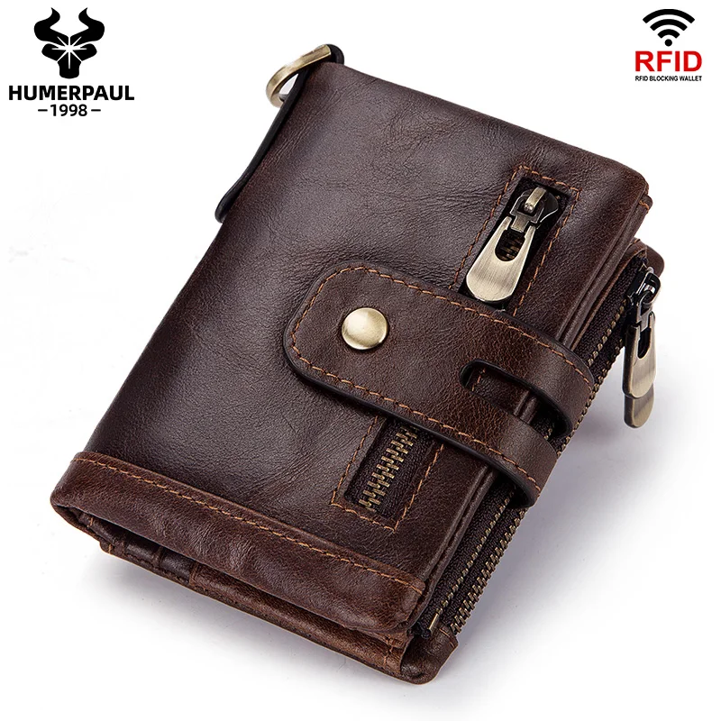 

RFID Anti-Theft Swipe Card Wallet Tri-Fold Multi-Card Leather Men's Leather Wallet Coin Purse Compact Mini Card Clip Chain Coin
