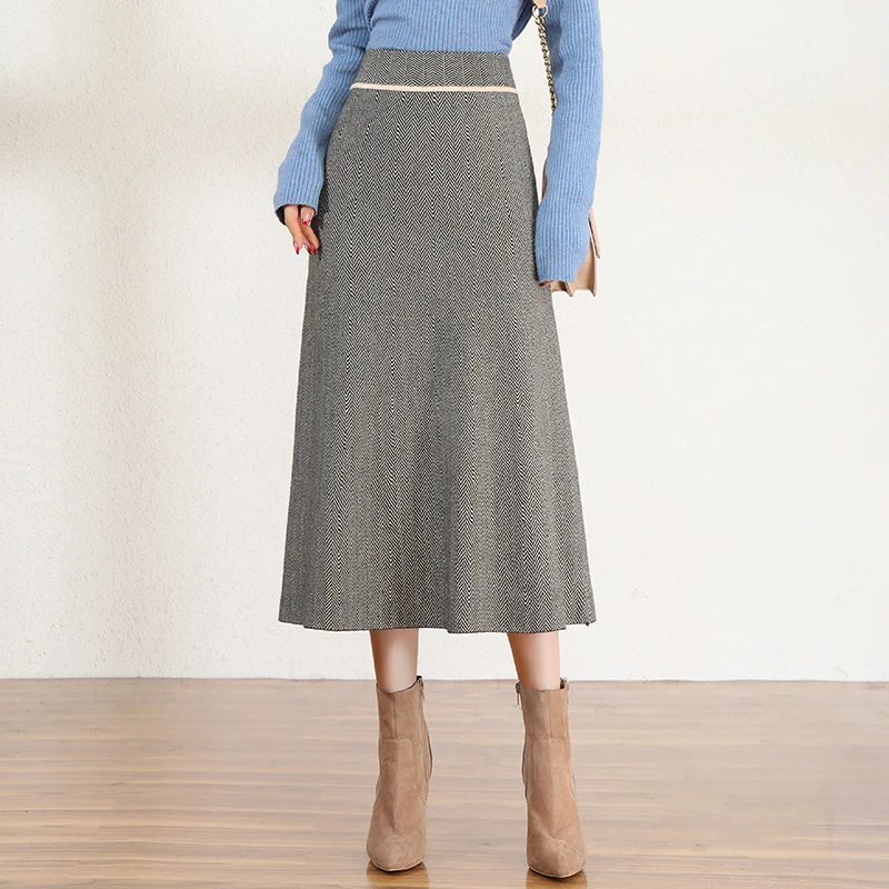 

Autumn Winter Retro Skirts Temperament Knitted Saia Midi A-line Sarafan Saias Na Altura Do Joelho Faldas Largas Mujer Bohemia