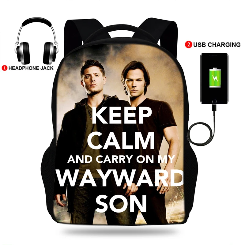 

Рюкзак для ноутбука 17 дюймов с принтом «Мой wayward son», рюкзак для колледжа с супернатуральным принтом и usb-зарядкой, рюкзаки для девочек и маль...