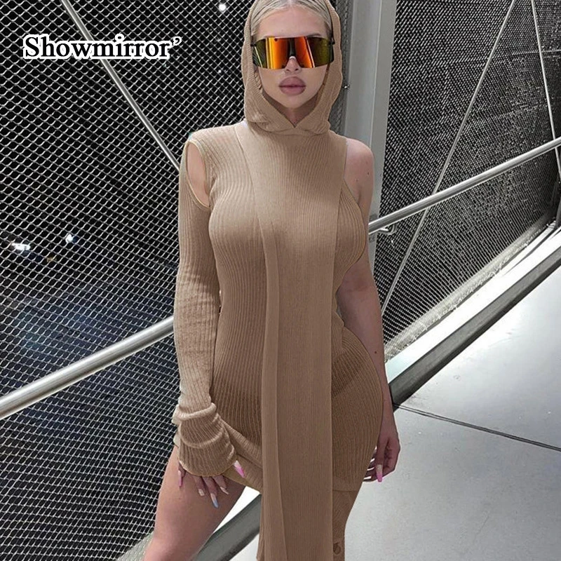 ShowmirrorSexy трикотажное платье миди прозрачные X-Long толстовки Топы осенняя одежда с