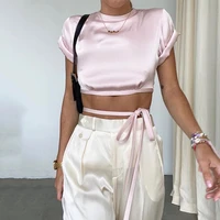 satin woman tshirts short sleeve tees cut out backless tie up crop top lady party black casual streetwear y2k clothes