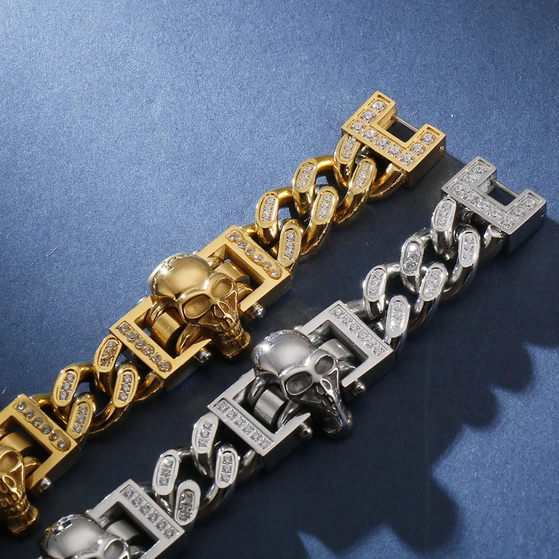 

Jewels Store Punk Skull Charm Bracelet Men 20cm Luxury Stainless Steel & Cubic Zircon Gold Cuban Chain Pulsera Jewelry For Man