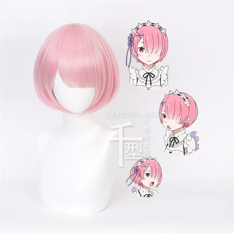 

Re:Life In A Different World From Zero Ram Short Pink Cosplay Wig Synthetic Hair Halloween Costume Party Play Wigs For Women