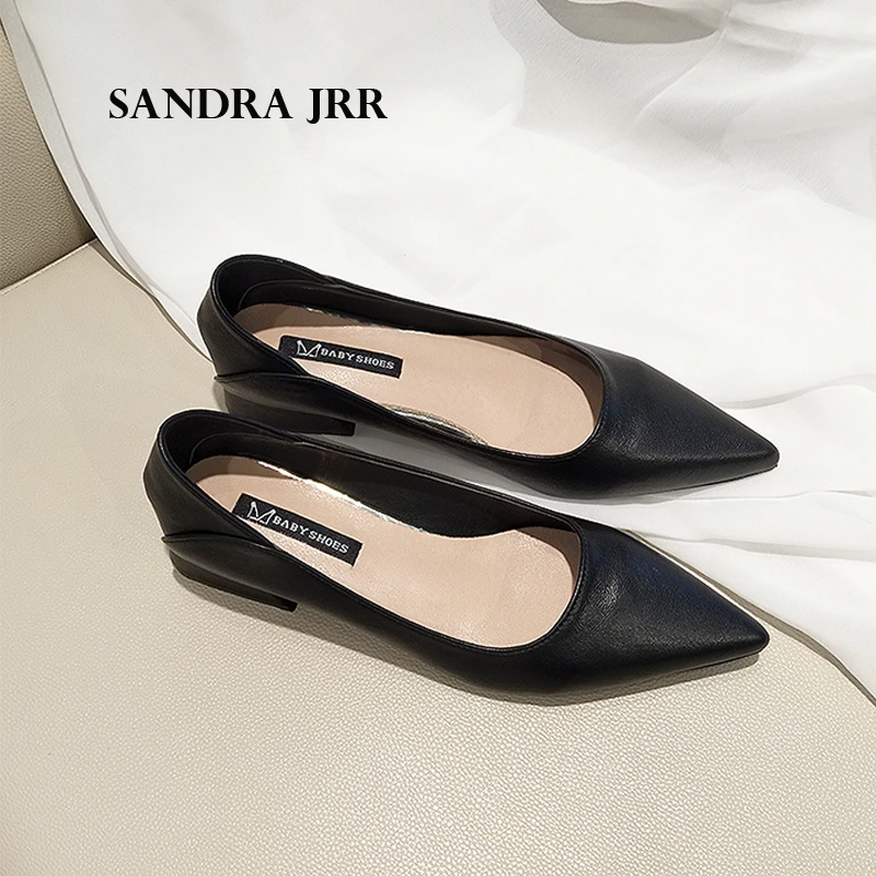 

SANDRA JRR Woman Low Chunky Heels Shoes Slip On Formal Leather Dress Office Pointed Toe Pumps