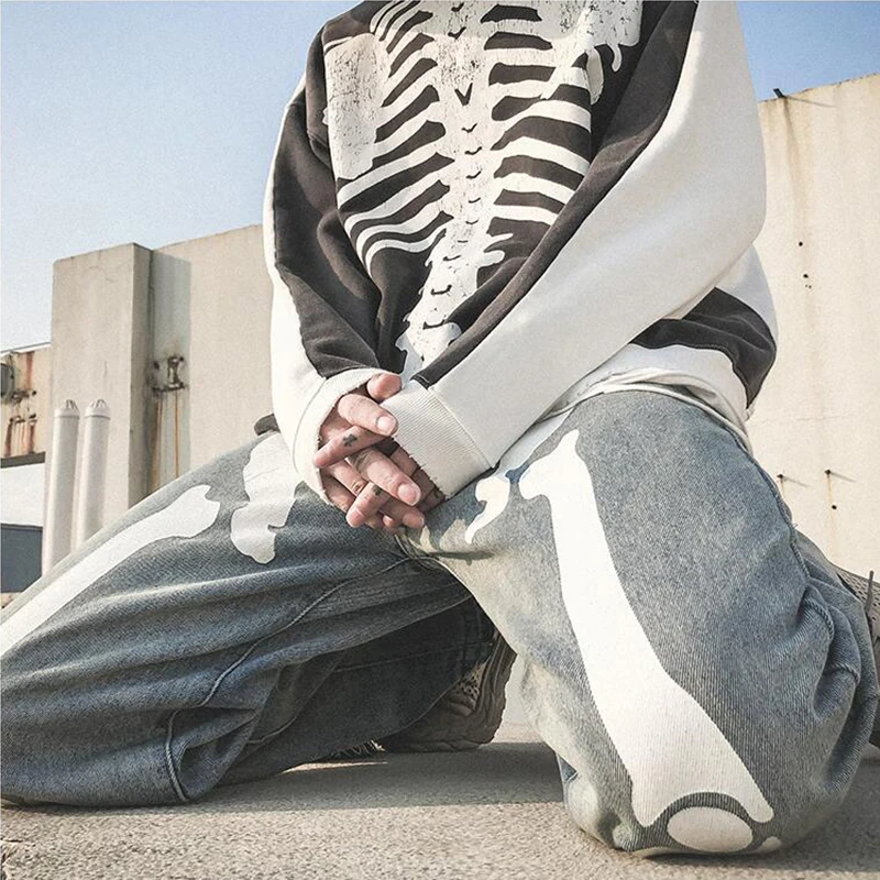 Men Skeleton Oversized Black Jeans Pants 2021 Fashion Denim Mens Streetwear Hip Hop Harem Pants High Waist Denim Pants Overalls