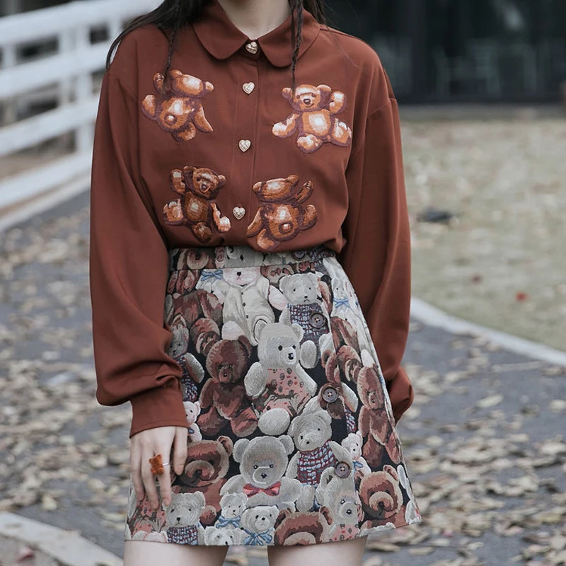 

Autumn Vintage Bear 2 Piece Set Women Fashion Loose Embroidery Long Sleeve Shirts High Waist Mini Skirt Female