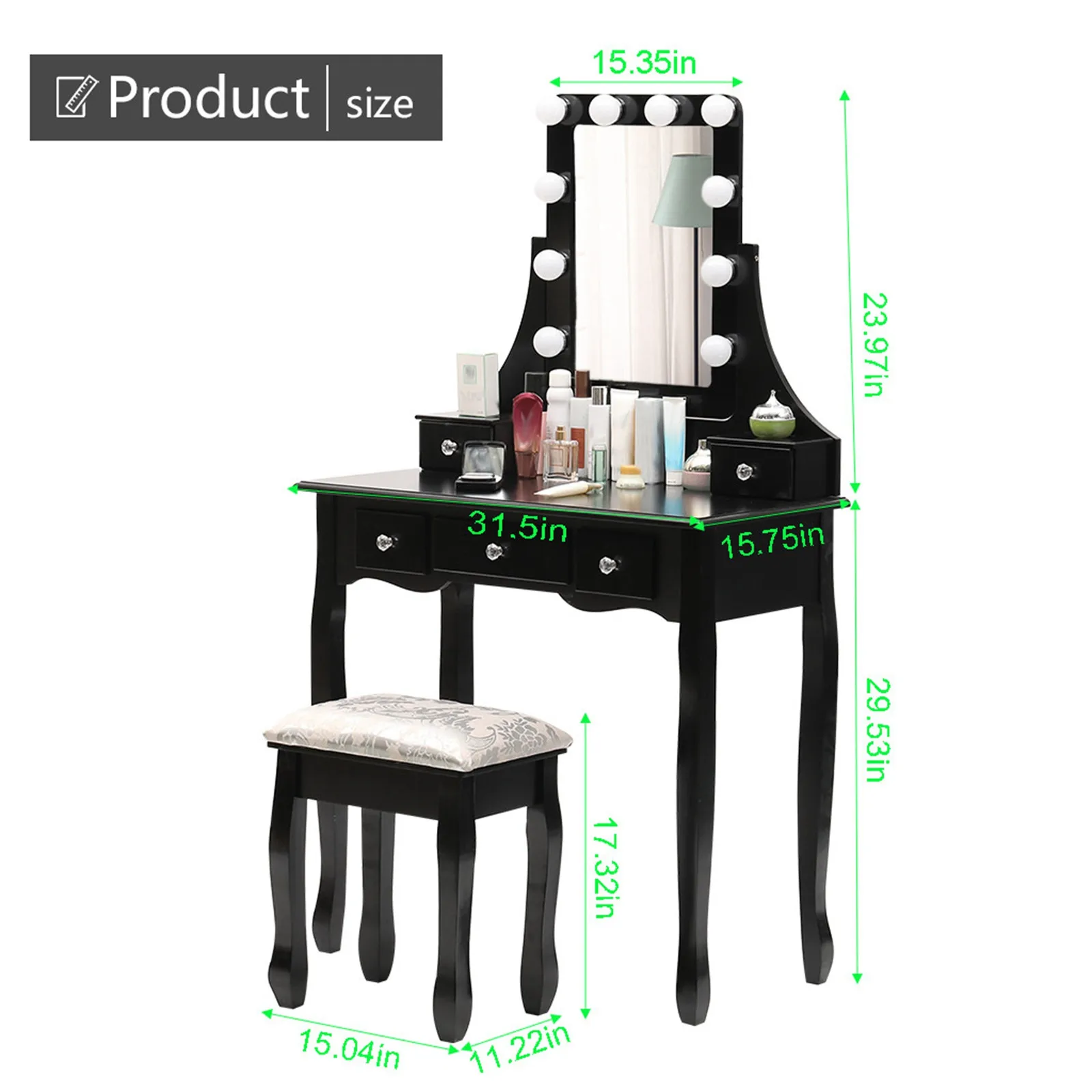 

US STORE Bedroom Dressers With Mirror 4 Drawers 1 Stool Led Vanity Set With 10 Dimmable Light Bulbs Dressing Makeup Table