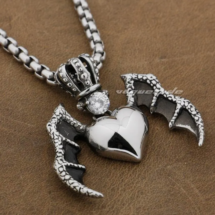 Дьявол крыло Корона сердце кулон белый CZ камень 316L нержавеющая сталь мужские