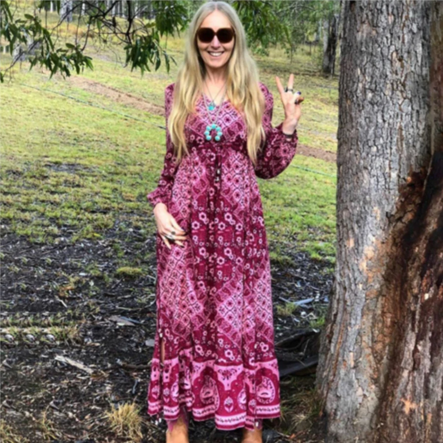 Женское платье макси с длинным рукавом TEELYNN шифоновое цветочным принтом и v