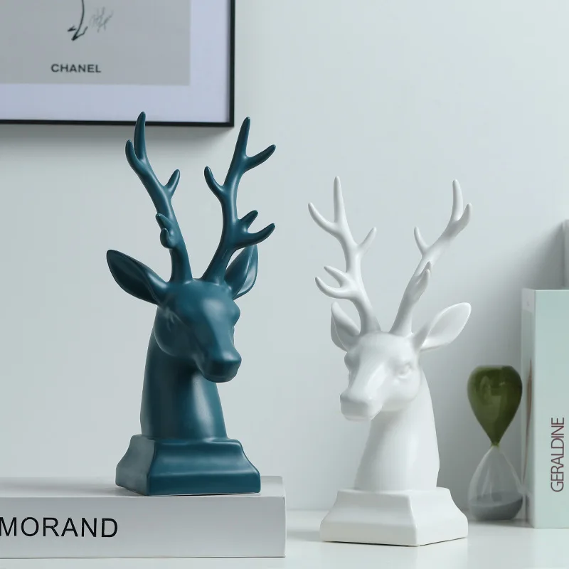 Wedding Gift Europe Ceramic Elk Head Model Figurines Ornaments Home Decoration Accessories Deer Miniature Bookend Desktop Crafts
