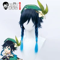 hsiu game genshin impact venti cosplay wigs blue gradient short hair heat resistant synthetic hairfree gift brand wig cap