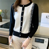 elegant lace stitching women cardigans sweater fashion colorblock korean sweet knitted tops female casual clothes fall 2021