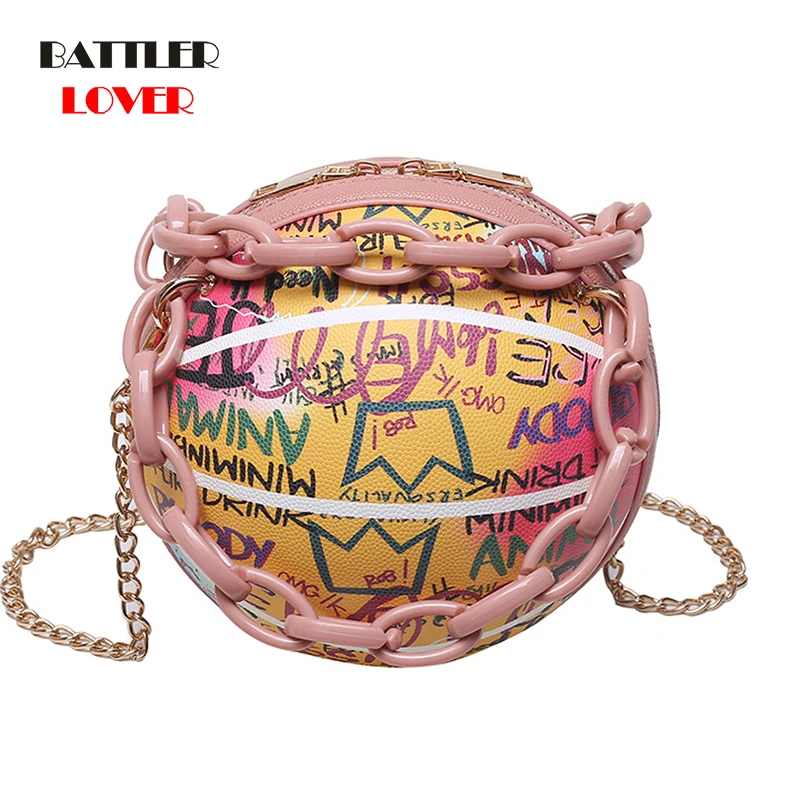 

Queen Graffiti Round Ball Leather Zipper Crossbody Bags for Women 2021 Fashion Chain Shoulder Handbags and Purses Female Totes