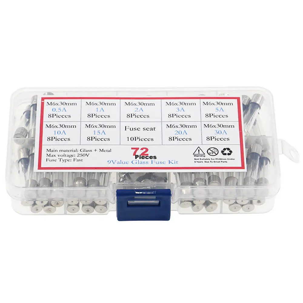 72pcs/Box 6x30mm Fuse Assorted Kit Fast-Blow Glass Fuses 0.5A 1A 2A 3A 5A 10A 15A 20A 30AMP Quick Blow Car Tube Set | Электронные