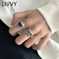 livvy new silver color fine jewelry hollow geometry rectang black wedding rings for women girl party gift