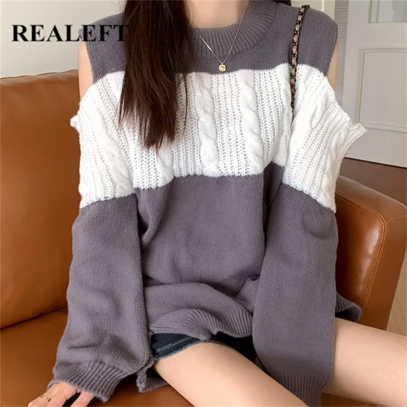 

REALEFT Winter Women's Sweaters 2021 New Autumn Hollow Out Shoulder Patchwork Casual Warm Knitting Pullovers Knitted Tops Female