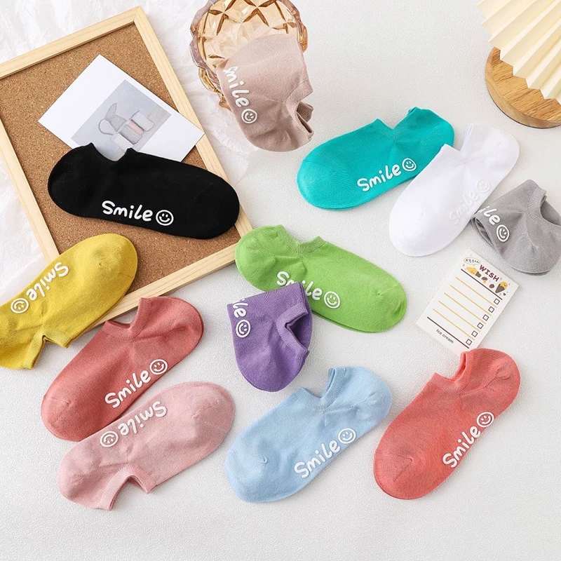 

2 Pairs Pack Socks Women Set Smile Silicone Non-Slip Breathable 100% Pure Cotton Soft Kawaii Candy Color Ankle No Show Socken