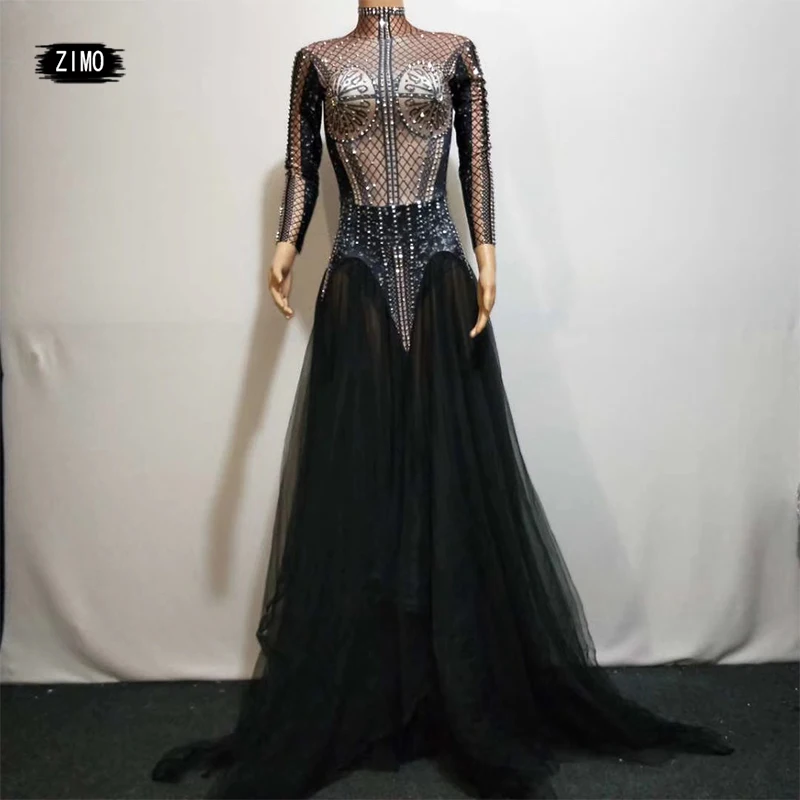 Fashion Black Long Sleeve Rhinestone Dress Women Birthday Celebration Party Dress Stage Show Prom Club Dance Costume Maxi Dress