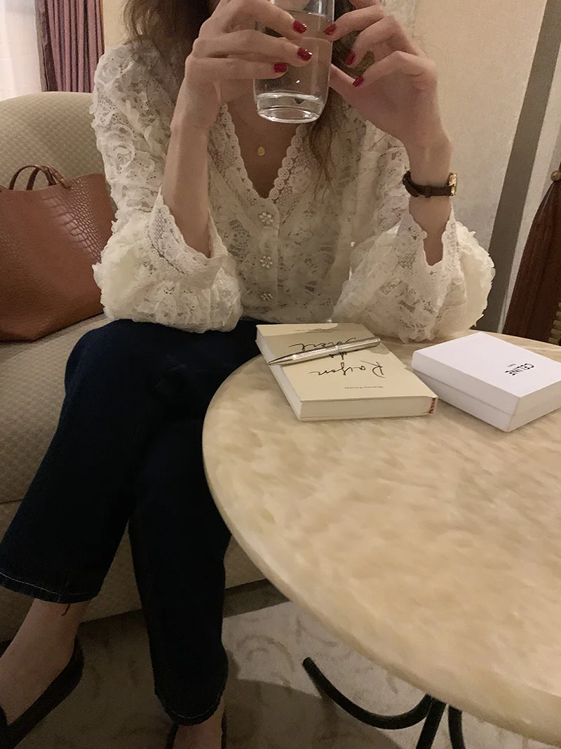 Женская кружевная блузка элегантная винтажная рубашка с длинным рукавом и