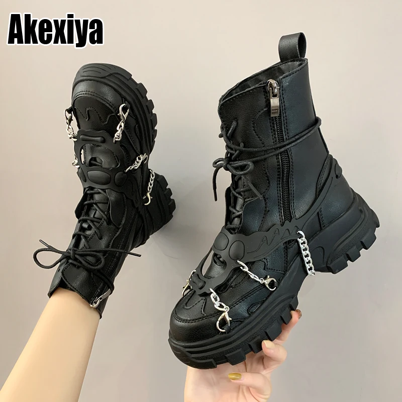 New Leather Womens Ladies Ankle Boots Mid Heel Lace Up Worker Army Black Goth Shoes Autumn Sexy Chain High Quality P416