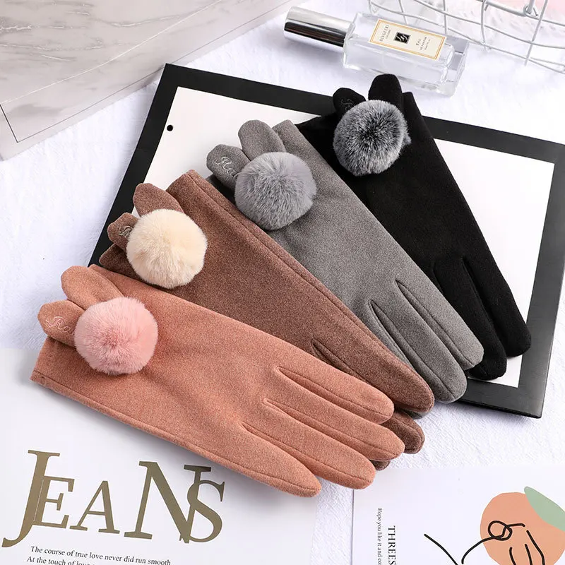 

New Female Autumn Winter Non-Inverted Velvet Full Finger Warm Lace Hairball Gloves Women Cotton Touch Screen Gloves