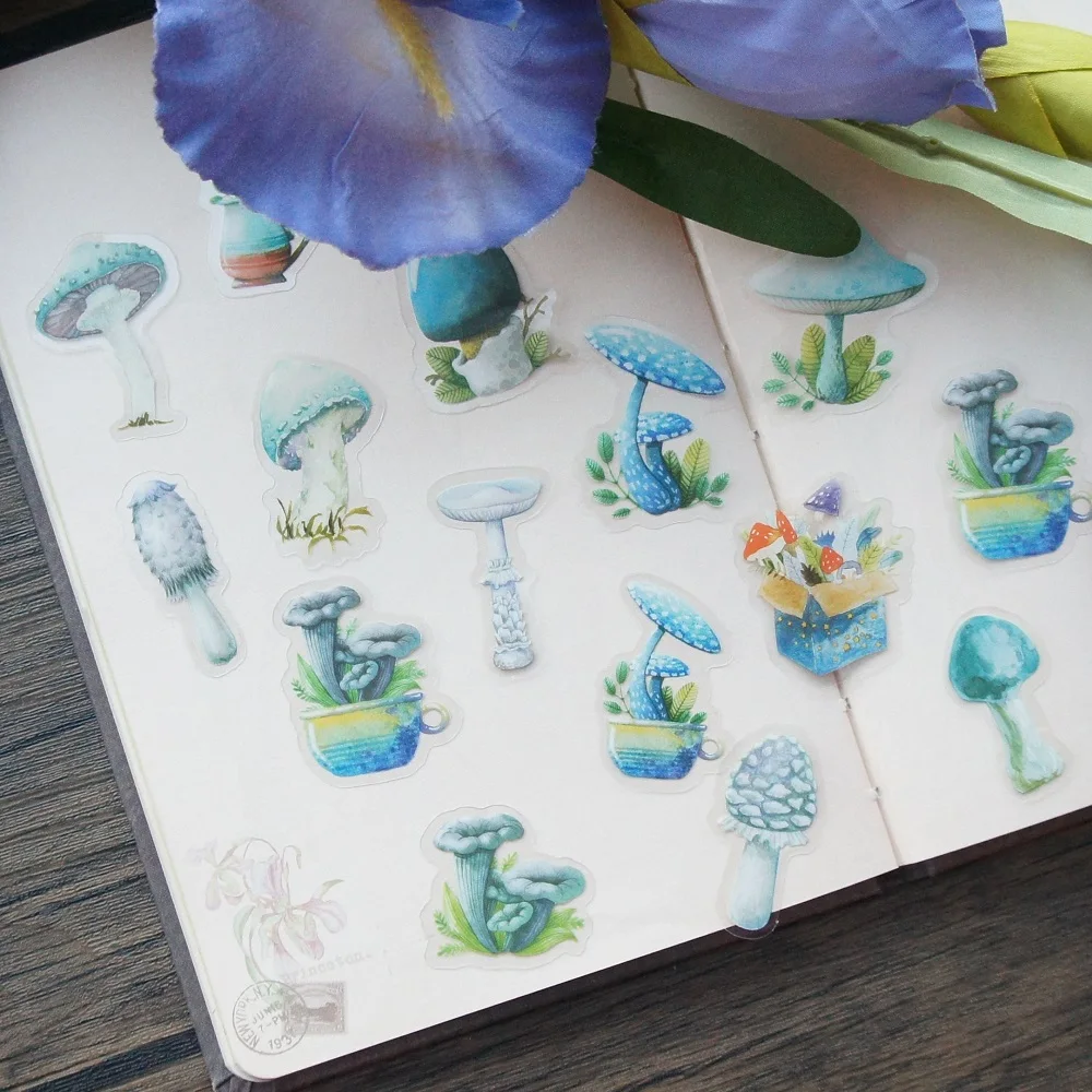 

44pcs Blue Mushrooms Pot Plants Style Sticker Scrapbooking DIY Gift Packing Label Decoration Tag