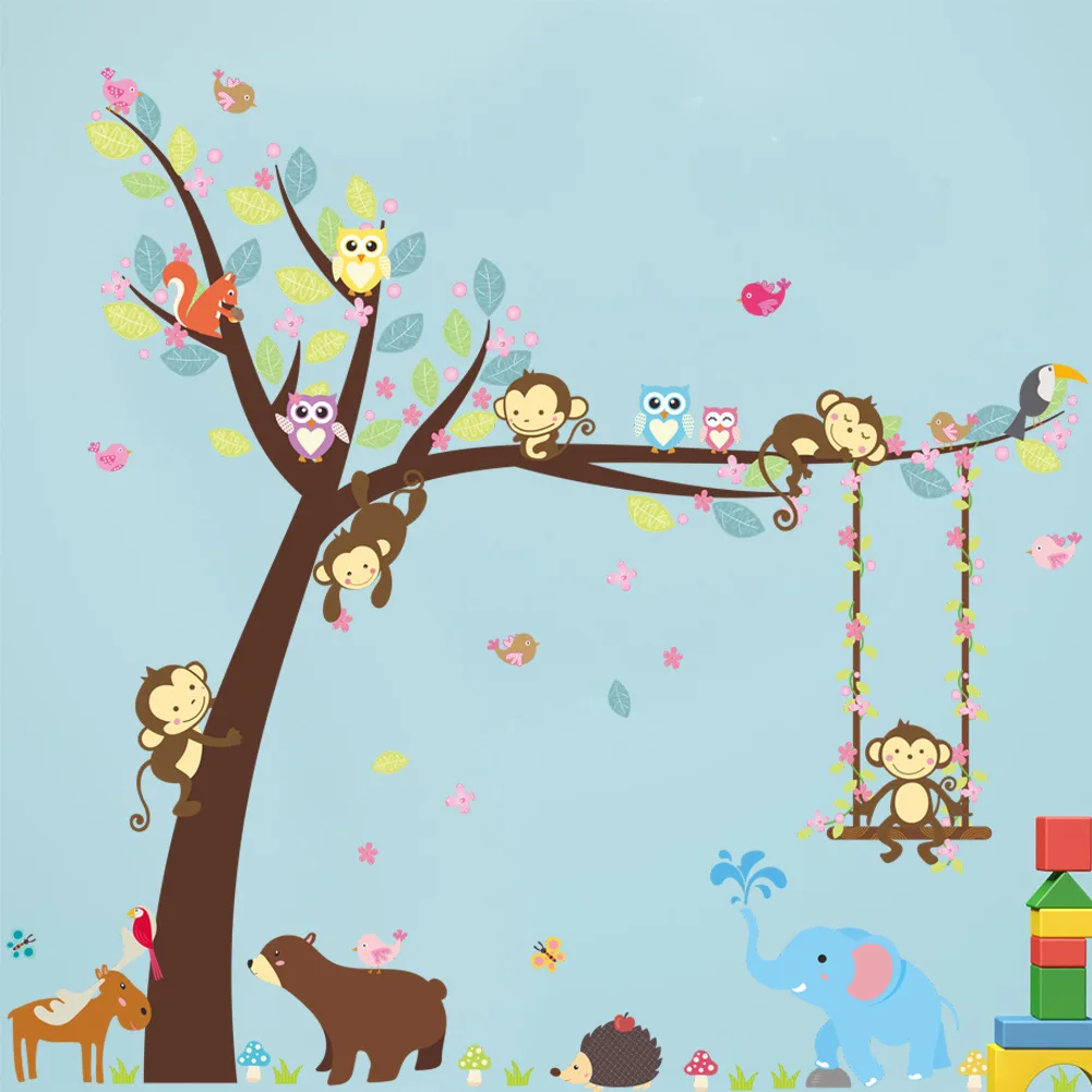 

cartoon 2pcs 104*116cm forest animals swing tree wall sticker for kids room decor bear owl monkey wall art decals diy pvc mural