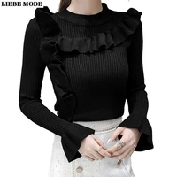 womens knitted jumper sweaters o neck ruffle pullovers casual women knitwear basic shirt long sleeve sweater slim sueters mujer