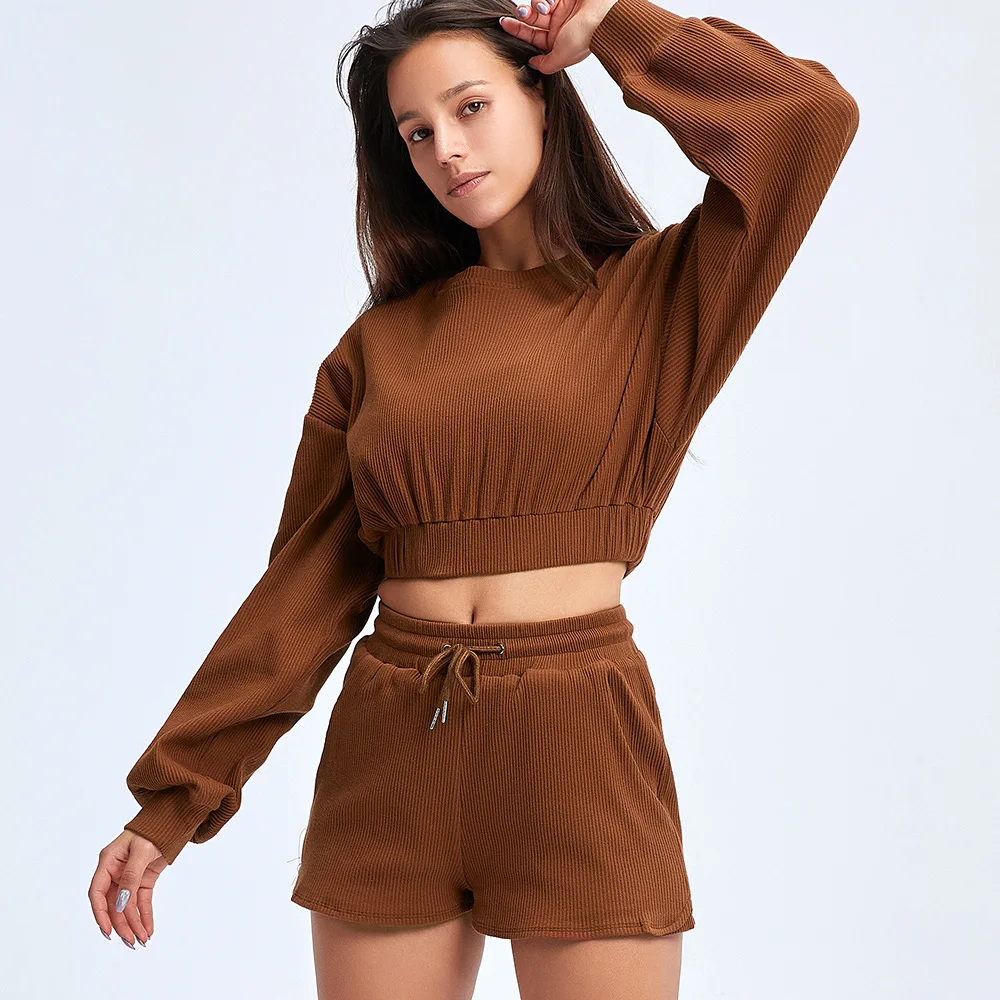 

2021 Women Two Piece Set Loose O Neck Full Sleeve Top + Shorts Solid Color Summer Clothes Outfits Casual Pullover Match Regular