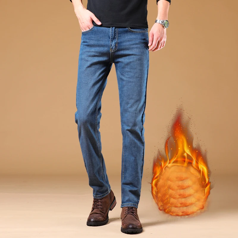 

Winter Thermal Warm Flannel Stretch Jeans Mens Winter Quality Famous Brand Fleece Pants Straight Flocking Trousers Denim Jean