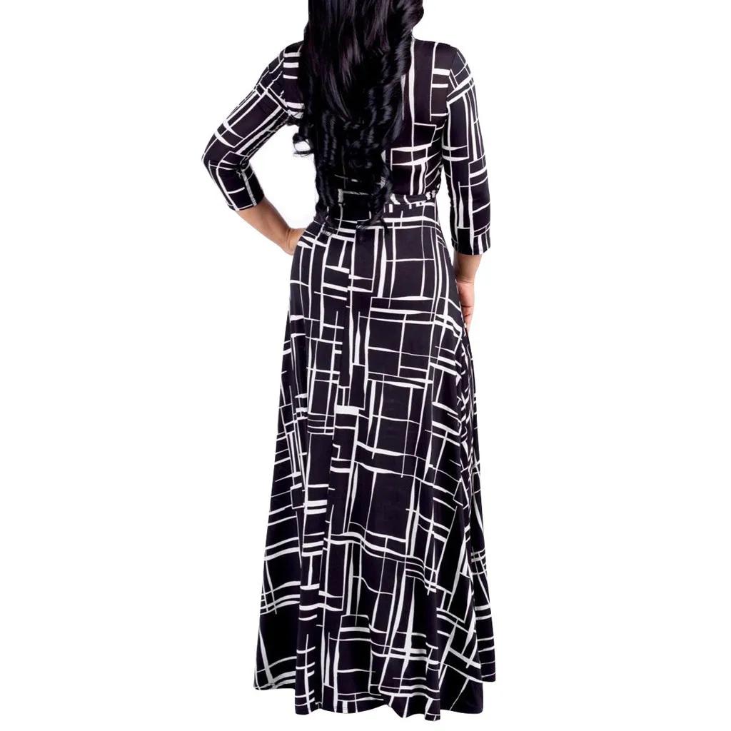 

Plus Size Women Maxi Dress Fashion Casual Print Three Quarter Sleeve V-Neck Bandage Loose High Waist Long Dress#35