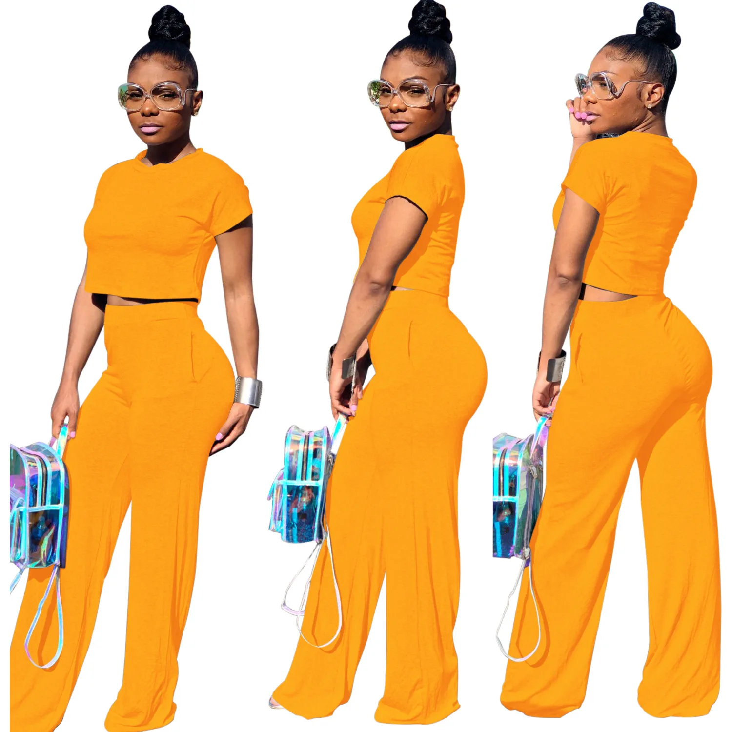 

Solid-color Short Sleeves Sexy Crop T-shirt & Wide-leg Trousers Women Suit European & American Fashion Casual 2 Piece Set