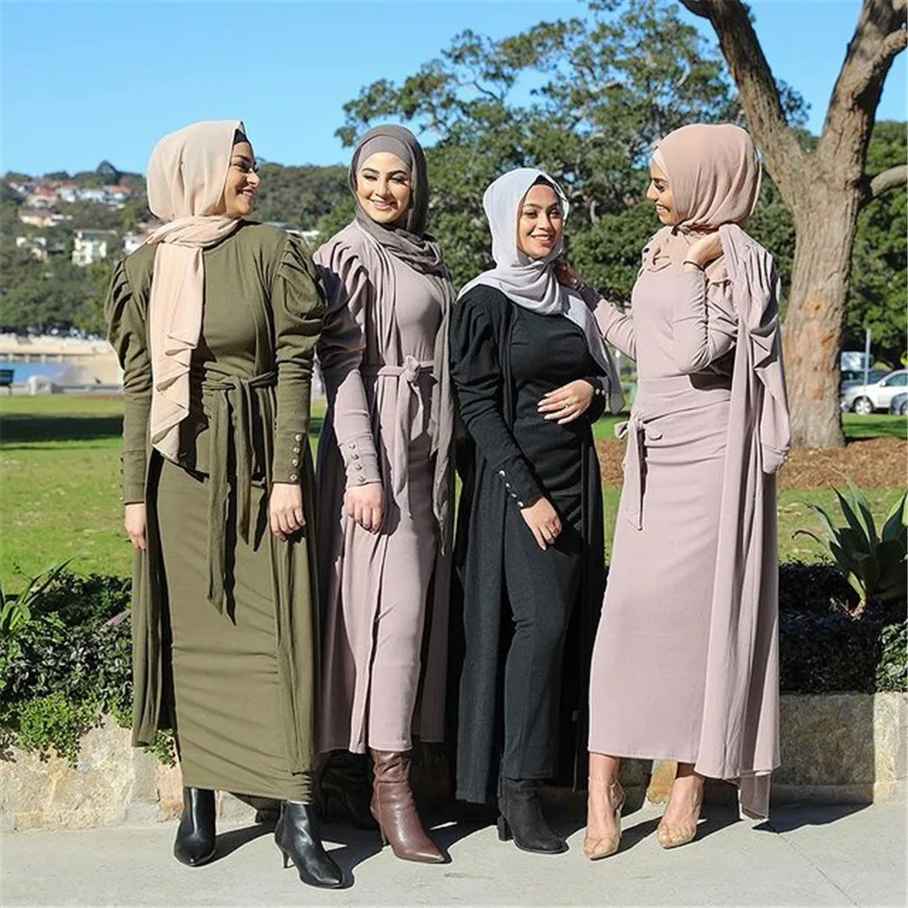 Турецкое мусульманское женское платье, однотонное, на шнуровке, марокканская абайя, элегантное, Eid Рамадан, Индия, Дубай, Юба, халат, осень