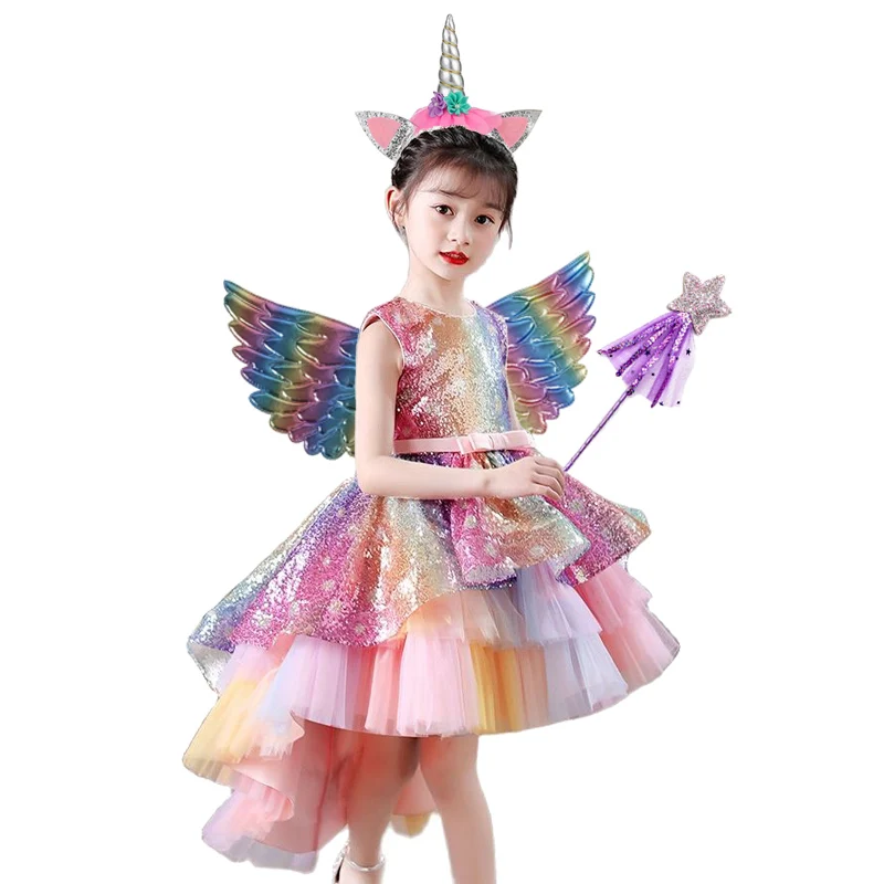 

2021 Rainbow Unicorn Pony Dress Elegant Piano Performance Dresses for Kids Princess Birthday Party Gown Summer Girls Costume