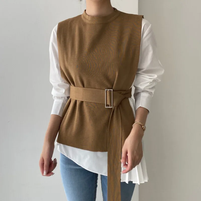 

Женская Асимметричная рубашка из 2 предметов с длинными рукавами, Модный трикотажный дамский жилет с круглым вырезом и поясом, осенняя Повс...