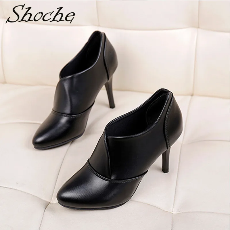 Shoche/ботильоны; женская модная обувь; коллекция года; черные, красные короткие ботинки; женская обувь на высоком каблуке с острым носком; обувь без шнуровки на 8 см; большие размеры
