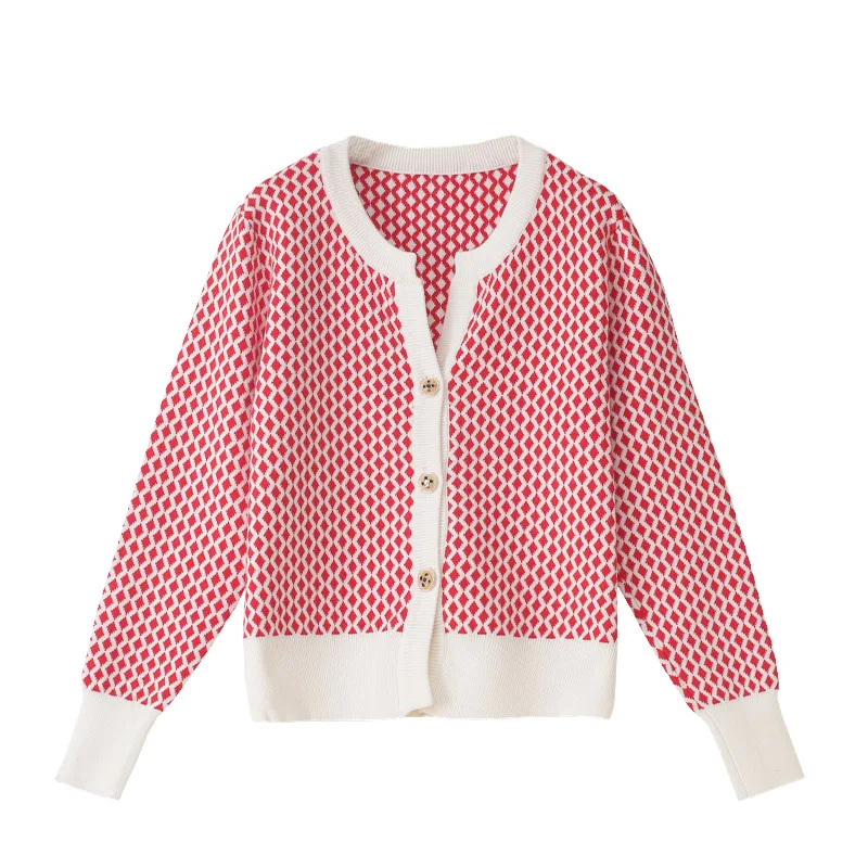 

Autumn Women Sweater O Neck Loose Knitted Female Cardigan Jacket Fashion Argyle Chic Coat Knitwear Casual Cropped Knit Lady Tops