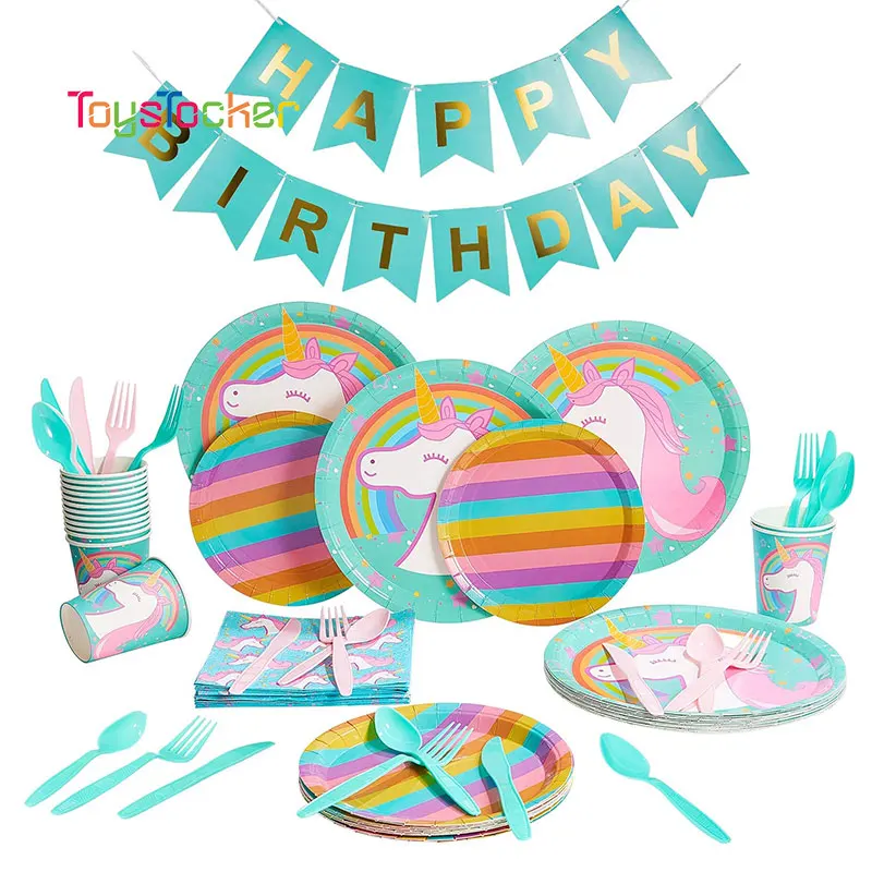 Радуга Единорог День Рождения декорации одноразовые набор столовых приборов