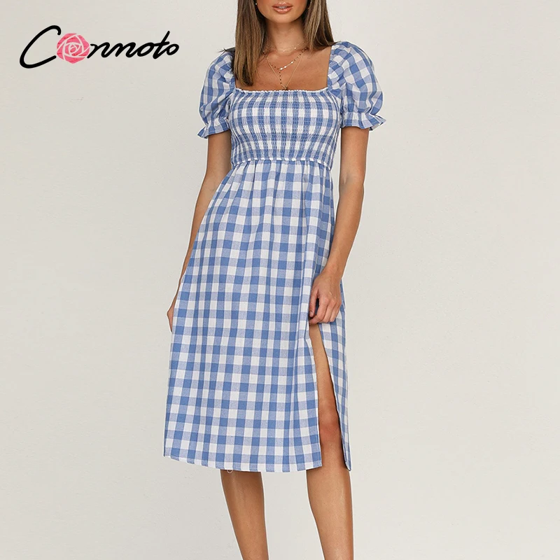 

Conmoto Blue square collar plaid women dress Summer A-line high waist puff sleeve dress Elegant Mid-length short-sleeved dress