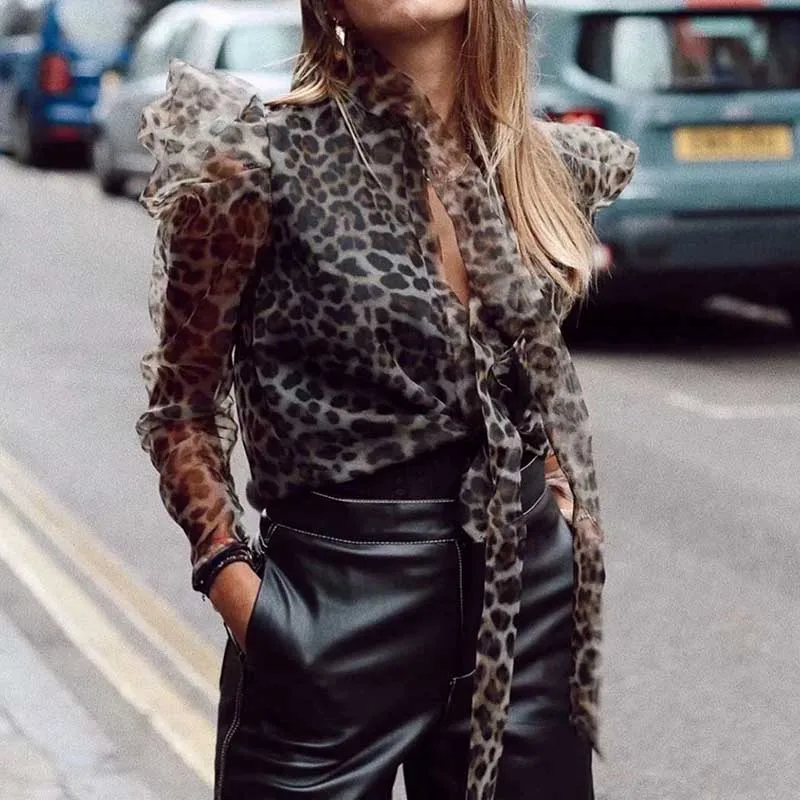 Винтажная Тюлевая блузка с леопардовым принтом топы женская летняя прозрачная