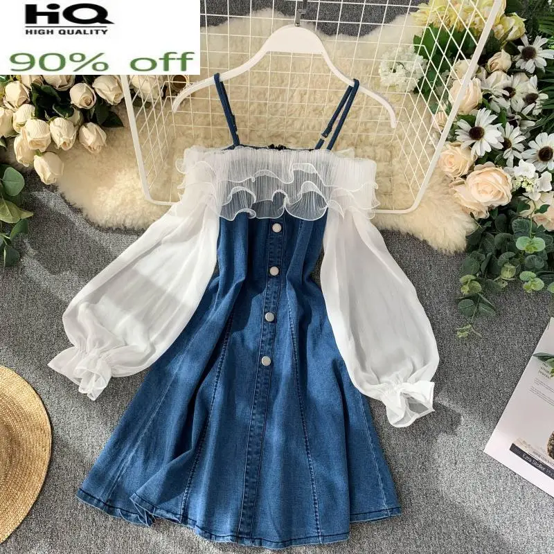 Женское винтажное платье из джинсовой ткани вечерние сетчатой вставкой | Женская