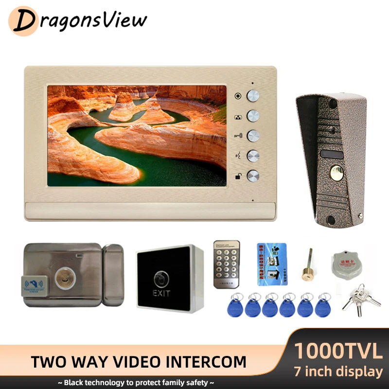 DragonsView Video Intercom with Lock 7 Inch Monitor 800TVL IP65 Doorbell Camera Video Door Phone Entry System Support Unlock