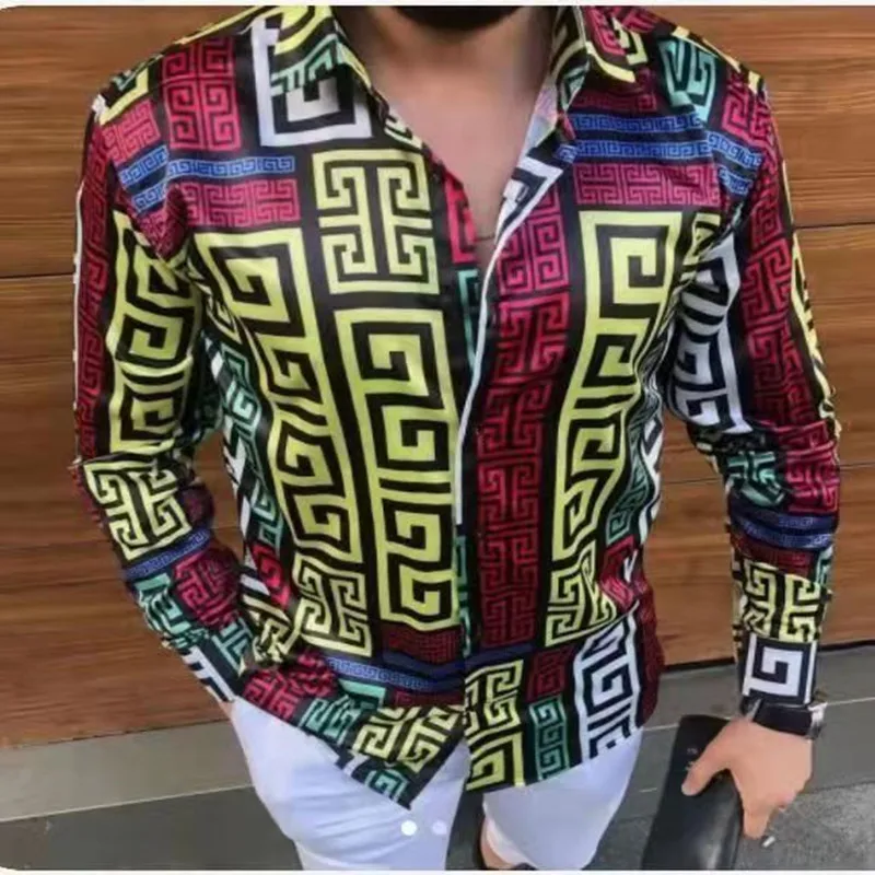 

Spring Autumn Long Sleeve Shirts For Men Casual Buttoned Turn-down Collar Shirt Vintage Pattern Printing Mens Slim Cardigan Tops