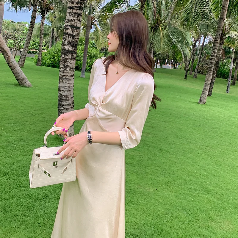 

Summer Elegant Runway 2021 Party Night Dress Vintage Korean Japanese Tea Vacation Beach Dress Long Apricot Women Satin Dresses