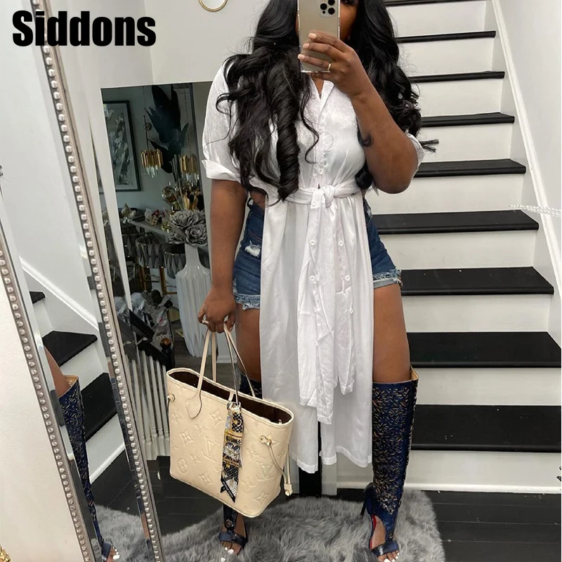 

Повседневная Женская футболка с коротким рукавом, рубашка со скрытыми пуговицами свободное платье-рубашка; Разрез сзади шик миди платье-Са...