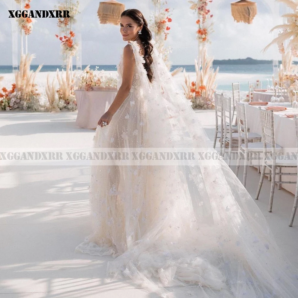 

Fashion Flowers Wedding Dress 2022 Tulle Beach Wedding Evening Dress White V-Neck Sleeveless Sweep Train