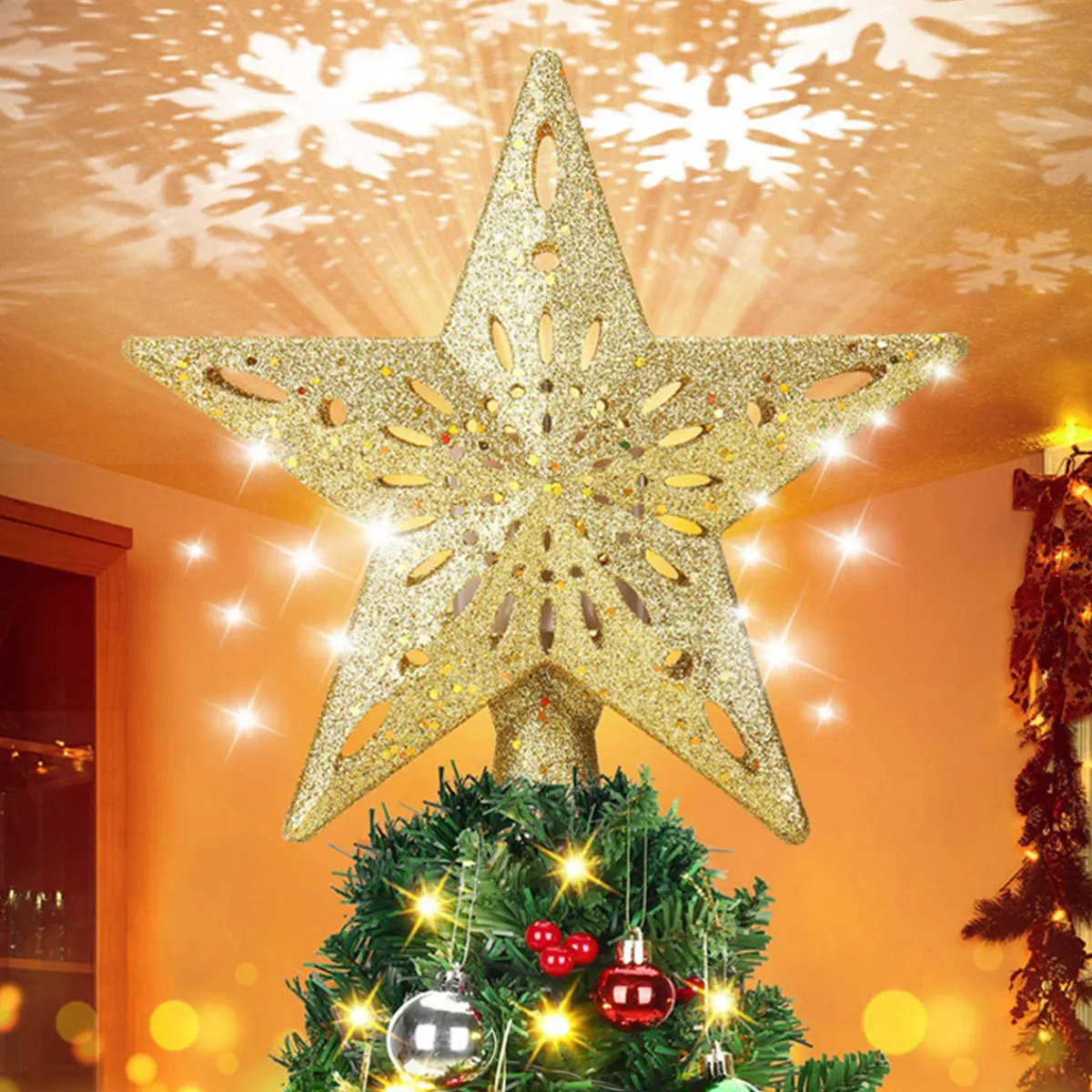 

Топпер для рождественской елки, звезда, Светодиодный проекционный светильник, верхняя вращающаяся Снежинка для дома, Рождественская елка, ...